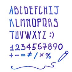 Blue watercolor handwritten vector doodle alphabet