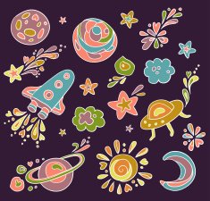 Set of cute space doodle icons (vector)