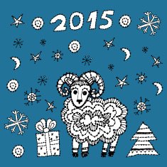 new year 2015 sheep spruce snowflakes blue background black contour