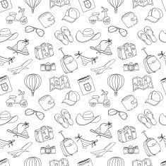 Summer vacation sketch doodle seamless pattern Black and white