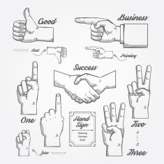 Hand and Finger sign doodle drawn on chalkboard background