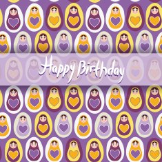 Happy Birthday Card pattern orange Russian dolls matryoshka purple background N2