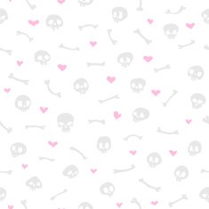 Cartoon Skulls with Hearts on White Background Seamless Pattern