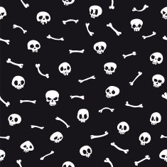 White Cartoon Skulls on Black Background Seamless Pattern