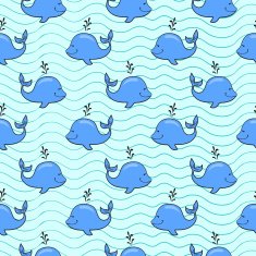 Seamless pattern with whale on blue ocean background