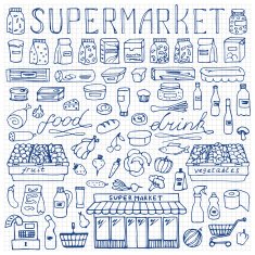 Supermarket hand drawn doodle set