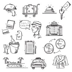 Hotel Services icons doodle hand drawn style concept vacation summer