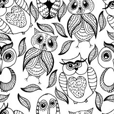Seamless white and black pattern of four different owls