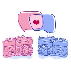 Two retro cameras in doodle style with bubbles and hearts