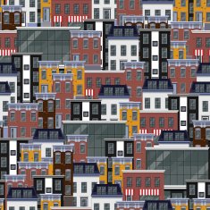 vector seamless flat pattern with different city buildings
