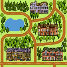 Vector seamless map with townhouses lake and trees