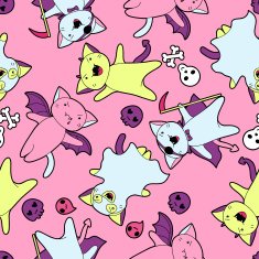 Vector kawaii pattern of Halloween cats and creatures