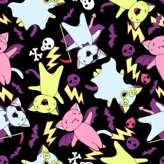 Vector kawaii pattern of Halloween cats and creatures N2