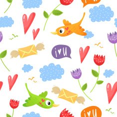 Romantic seamless pattern with birds hearts flowers clouds s N2