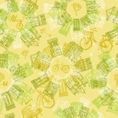 Hand drawn seamless pattern with old houses and cycles