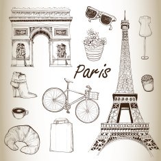 Paris icon set Hand Drawn Illustration Vector vintage background