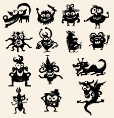 Drawing silhouettes of monsters dragons and dog
