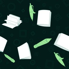 School notes seamless pattern on dark green background