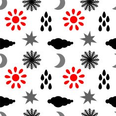 Seamless pattern with clouds rain drops sun snowflakes stars