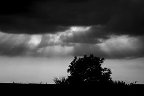 black white photo of dark sky above ground with sunbeam