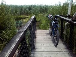 bike is parked on a wooden bridge in a grass