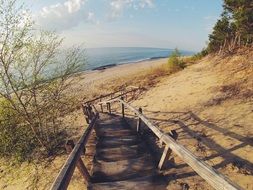 wooden walkway to the ocean on a sunny day