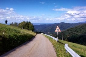 road on a green mountain with a road sign on a sunny day