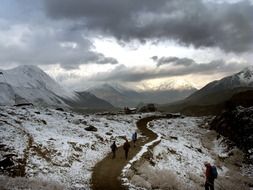 Landscape of winter snow hiking in mountains