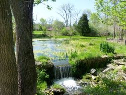 pond with a waterfall in the park