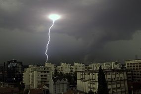 lightning and storm sky over a city block