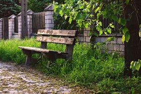 wooden bench near stone fence