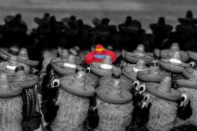 monochrome picture of sombrero hats on a Cactuses in Mexico