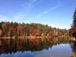 mirror image of autumn trees in a lake