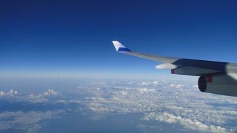 wing of a airplane above white clouds in a blue sky