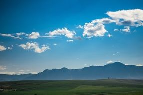 panoramic view of a green pasture on a clear sunny day