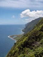 Beautiful panorama of the green mountain coast with white clouds