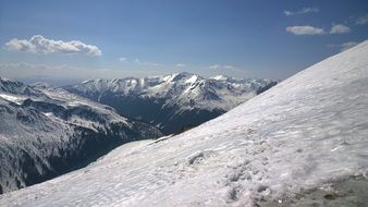 Landscape of snowy mountain peaks in winter