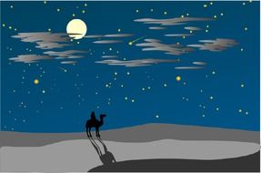 drawing of a man on a camel in the desert at night