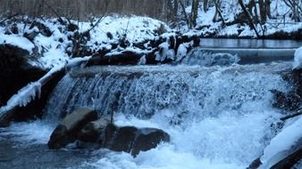 waterfall among snowy shores