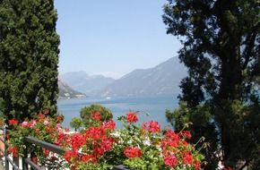 red flowers on the balcony against the backdrop of Lake Garda, Italy