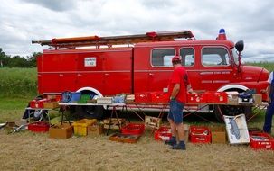 flea market at old red fire truck