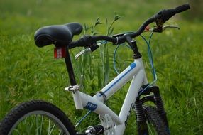 white bicycle on green grass close-up on blurred background