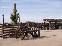 western lifestyle, vintage wooden constructions at giant cactus