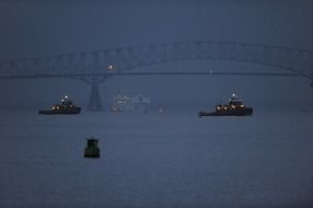 landscape of boats in the harbor during fog