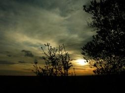 dark sunset in countryside at winter