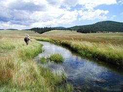man fishing on channal in countryside