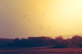hot air balloons in the sky against an orange sunset