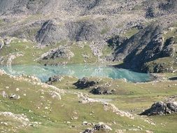 lake in mountain valley at summer, scenic landscape