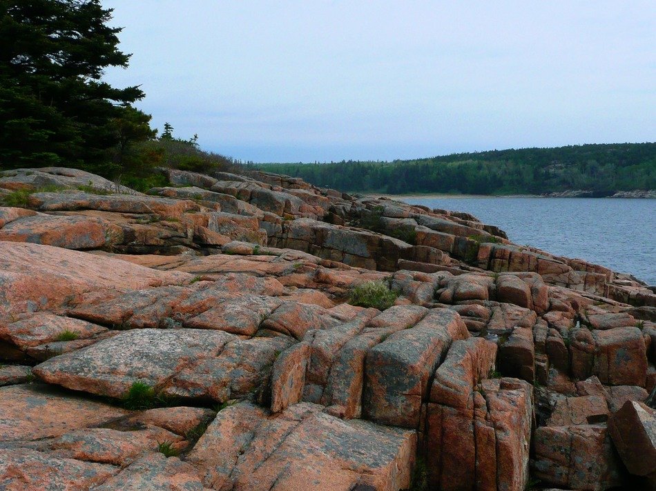red rocky shoreline, usa, massasuchetts, acadia national park