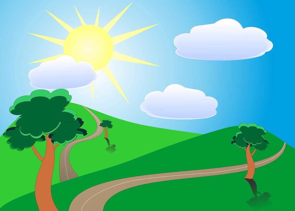 drawing of a green hill with trees under the bright sun